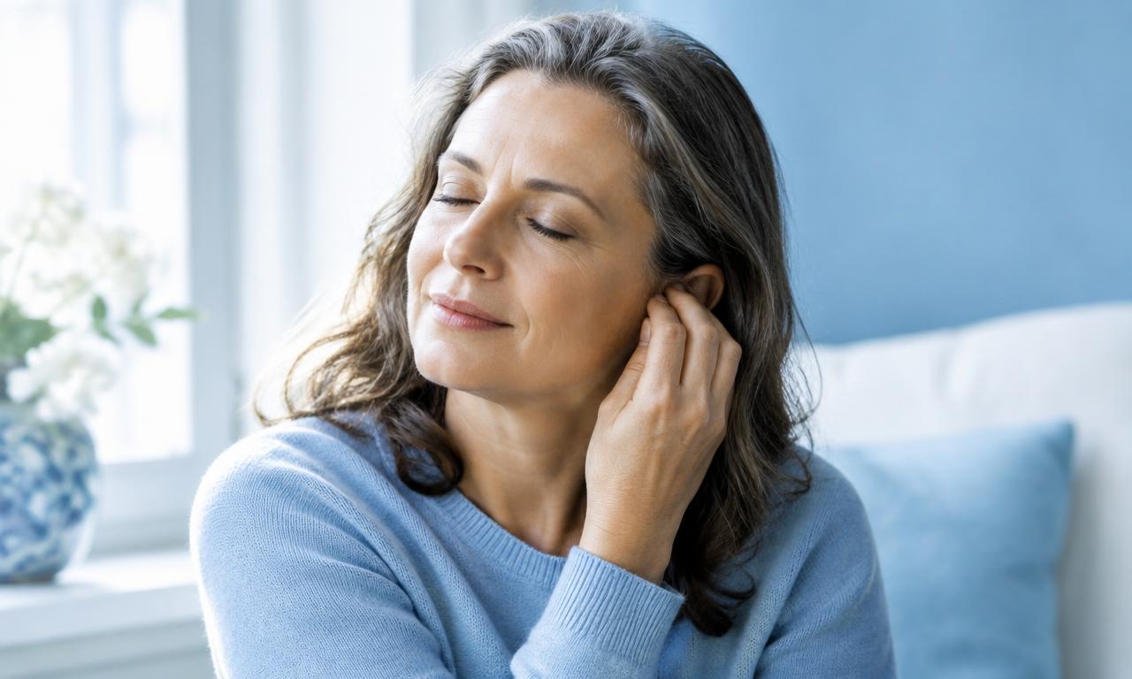 Woman resting peacefully, touching her ear in a quiet room