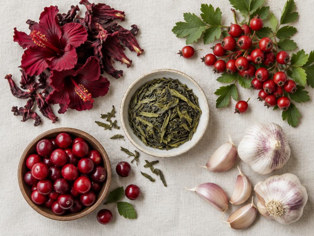 Hibiscus, hawthorn berries, green tea, cranberries and garlic